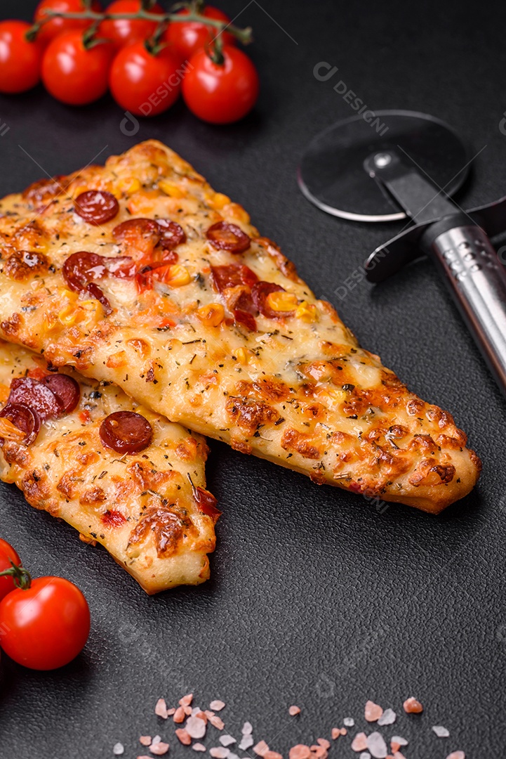 Deliciosa pizza de pão achatado fresco com queijo, tomate, salsicha, sal e especiarias sobre um fundo escuro de concreto