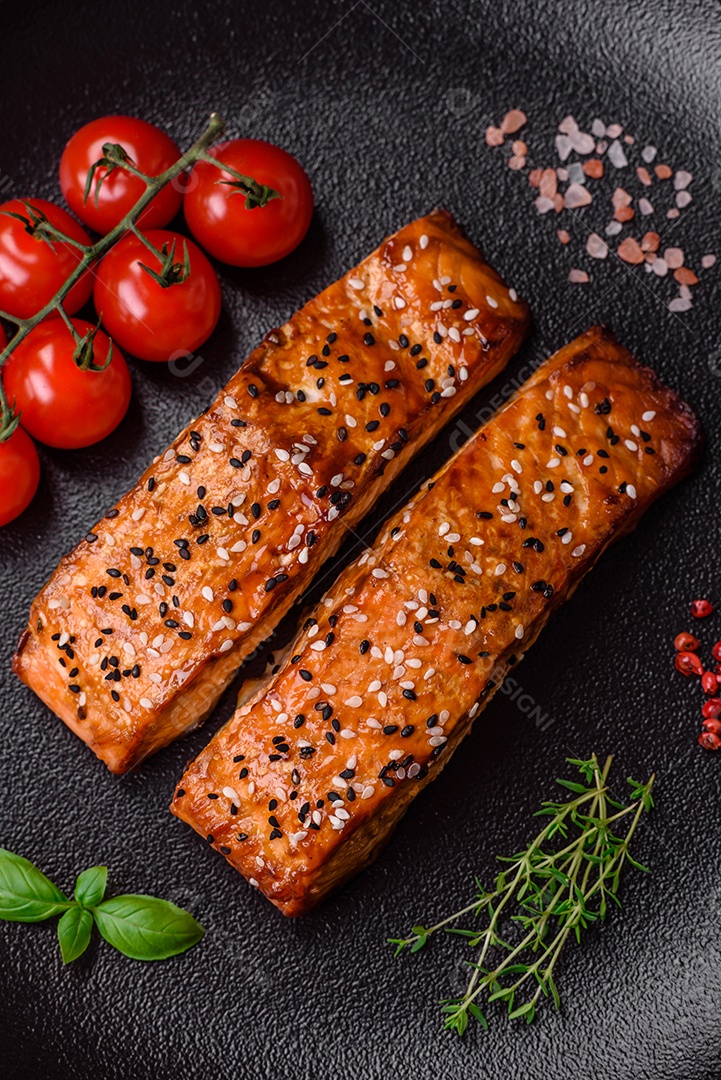 Delicioso peixe vermelho grelhado fresco com sal, especiarias e ervas sobre um fundo escuro de concreto