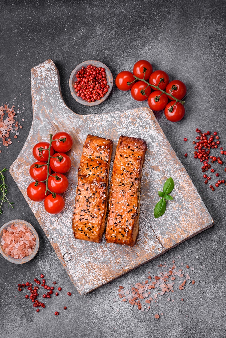 Delicioso peixe vermelho grelhado fresco com sal, especiarias e ervas sobre um fundo escuro de concreto