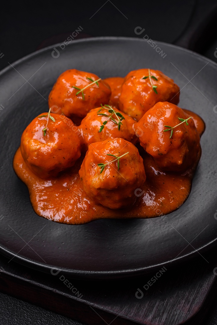 Deliciosas almôndegas frescas e massas em molho de tomate com sal, especiarias e ervas sobre um fundo escuro de concreto