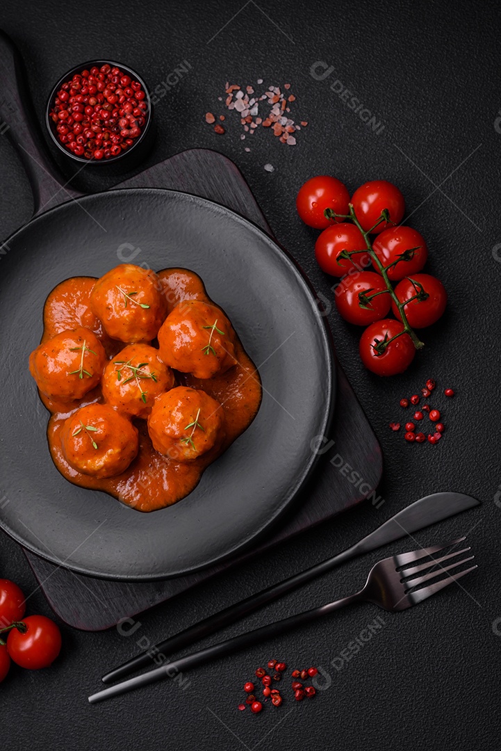 Deliciosas almôndegas frescas em molho de tomate com sal, especiarias e ervas sobre um fundo escuro de concreto