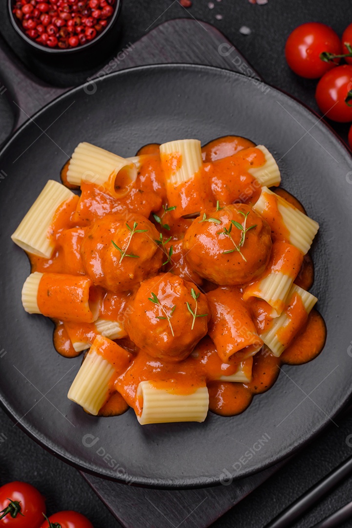 Deliciosas almôndegas frescas e massas em molho de tomate com sal, especiarias e ervas sobre um fundo escuro de concreto