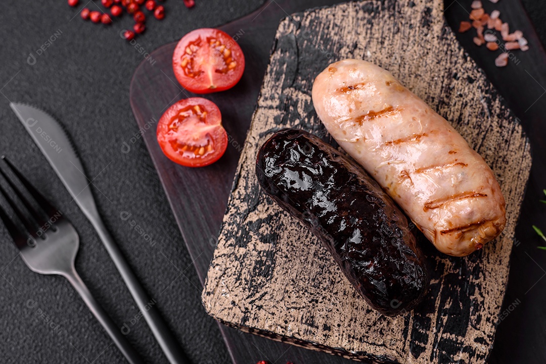 Deliciosas salsichas suculentas de diversas variedades grelhadas com sal, especiarias e ervas sobre um fundo escuro de concreto