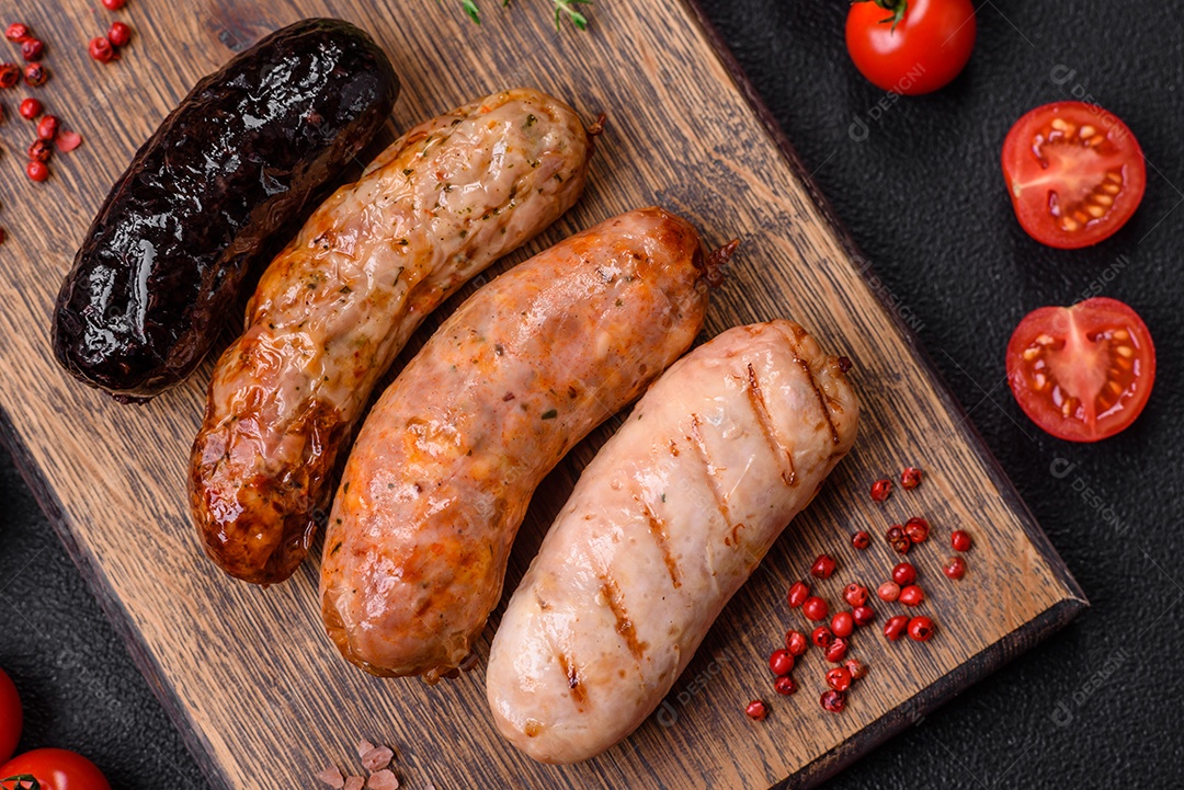 Deliciosas salsichas suculentas de diversas variedades grelhadas com sal, especiarias e ervas sobre um fundo escuro de concreto