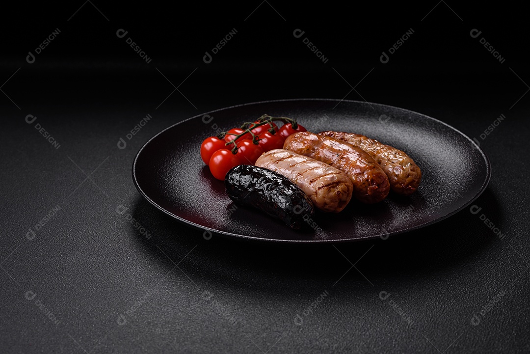 Deliciosas salsichas suculentas de diversas variedades grelhadas com sal, especiarias e ervas sobre um fundo escuro de concreto