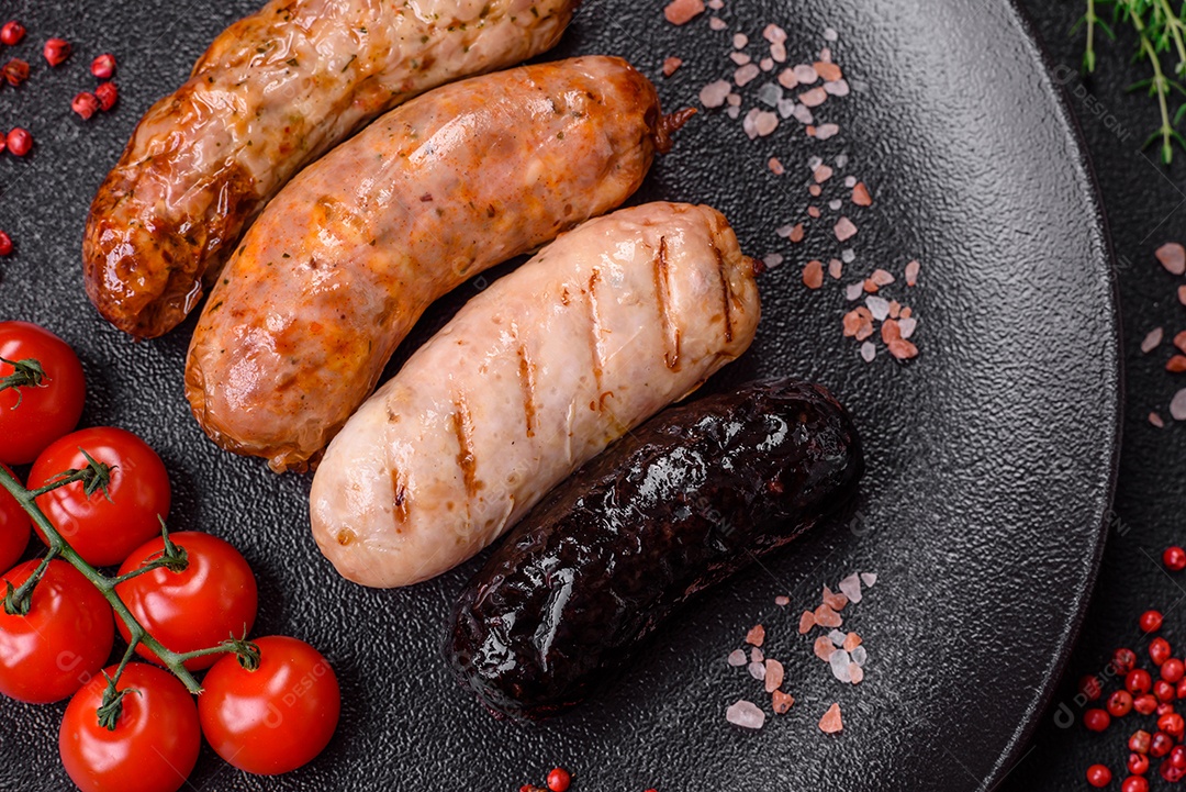 Deliciosas salsichas suculentas de diversas variedades grelhadas com sal, especiarias e ervas sobre um fundo escuro de concreto