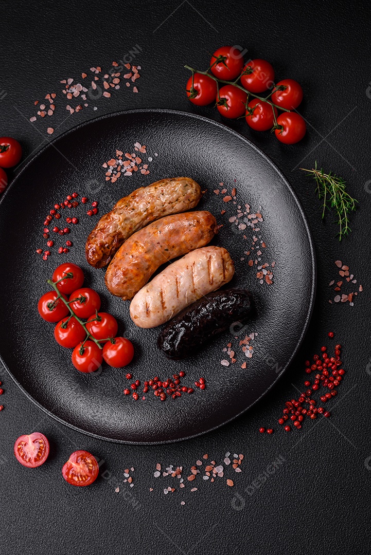 Deliciosas salsichas suculentas de diversas variedades grelhadas com sal, especiarias e ervas sobre um fundo escuro de concreto