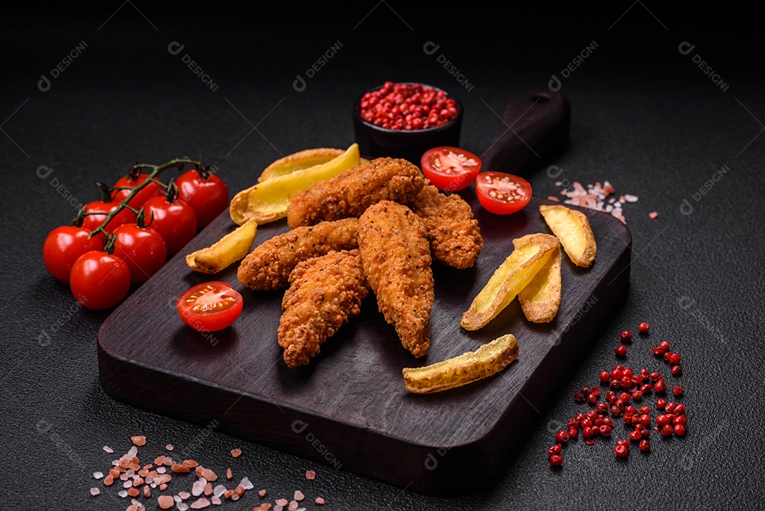 Deliciosos nuggets de frango crocantes à milanesa com sal e especiarias sobre um fundo escuro de concreto