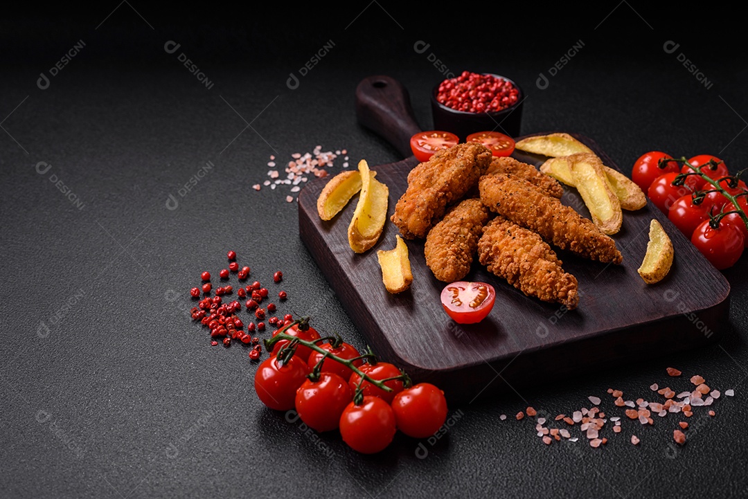 Deliciosos nuggets de frango crocantes à milanesa com sal e especiarias sobre um fundo escuro de concreto