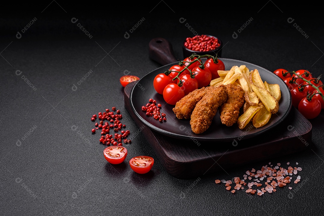 Deliciosos nuggets de frango crocantes à milanesa com sal e especiarias sobre um fundo escuro de concreto