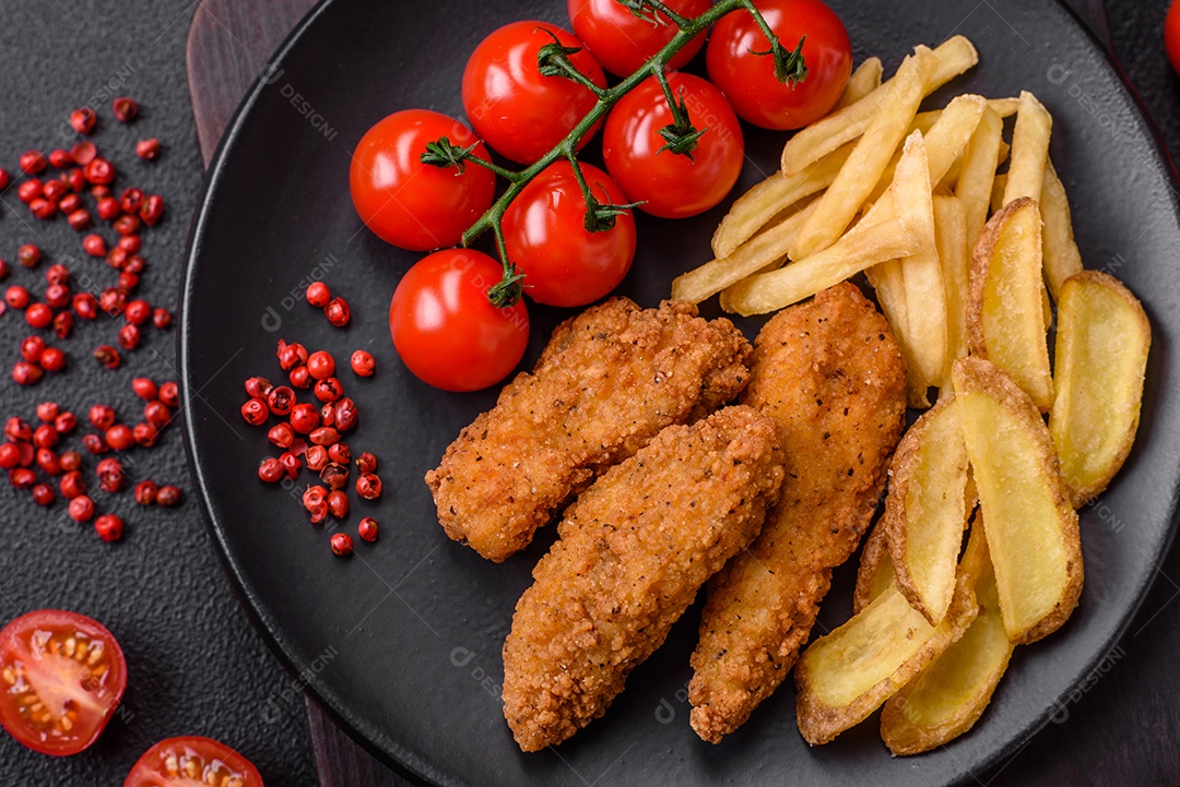Deliciosos nuggets de frango crocantes à milanesa com sal e especiarias sobre um fundo escuro de concreto