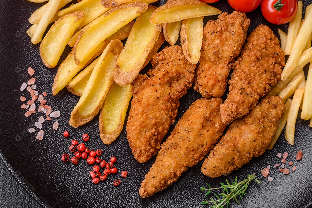 Deliciosos nuggets de frango crocantes à milanesa com sal e especiarias sobre um fundo escuro de concreto