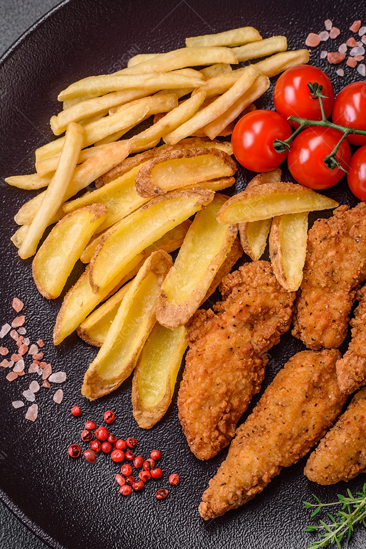 Deliciosos nuggets de frango crocantes à milanesa com sal e especiarias sobre um fundo escuro de concreto