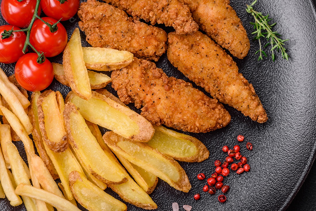 Deliciosos nuggets de frango crocantes à milanesa com sal e especiarias sobre um fundo escuro de concreto