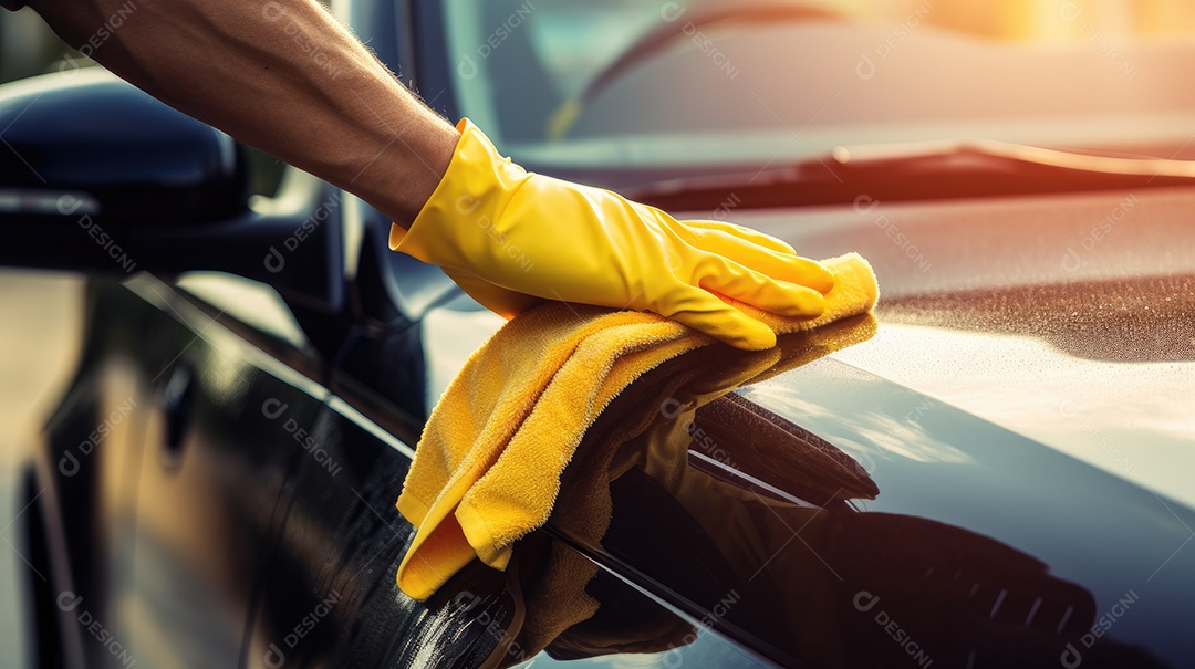 Homem passando pano limpando carro