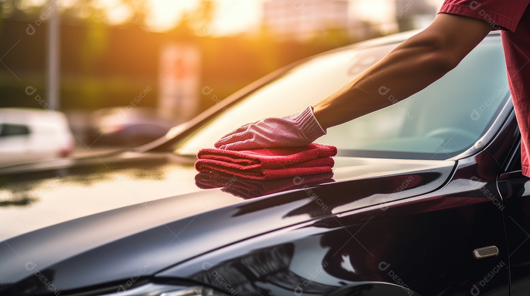 Homem com pano limpando carro