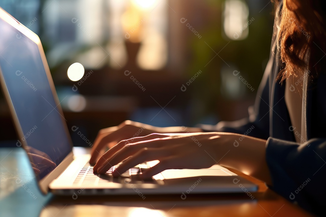 Mulher jovem empresária no escritório mexendo em laptop