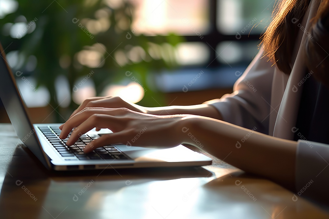 Mulher jovem em escritório mexendo no laptop