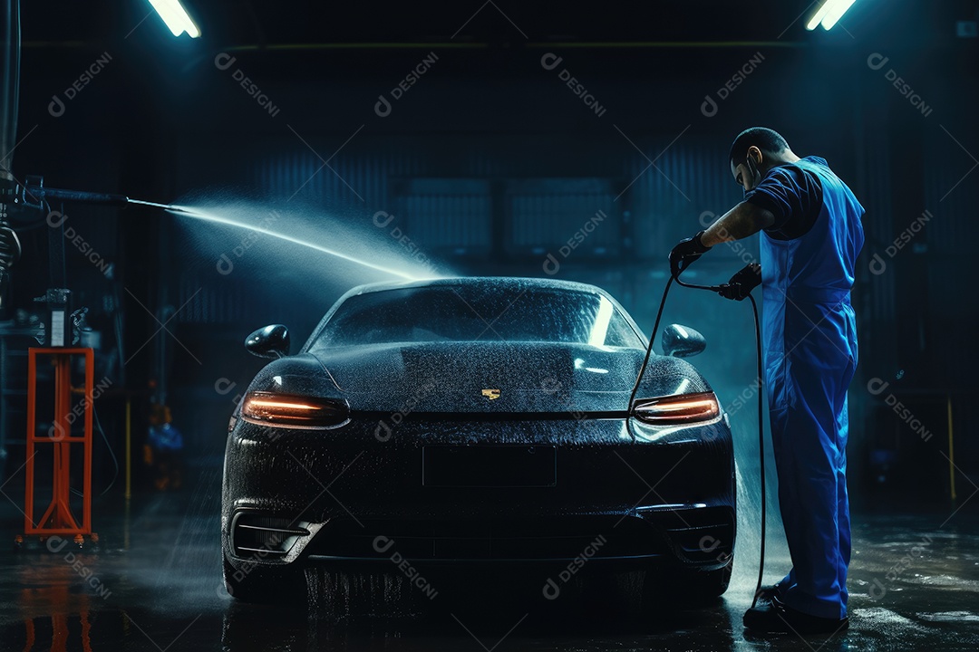 Homem lavando carro em lava jato