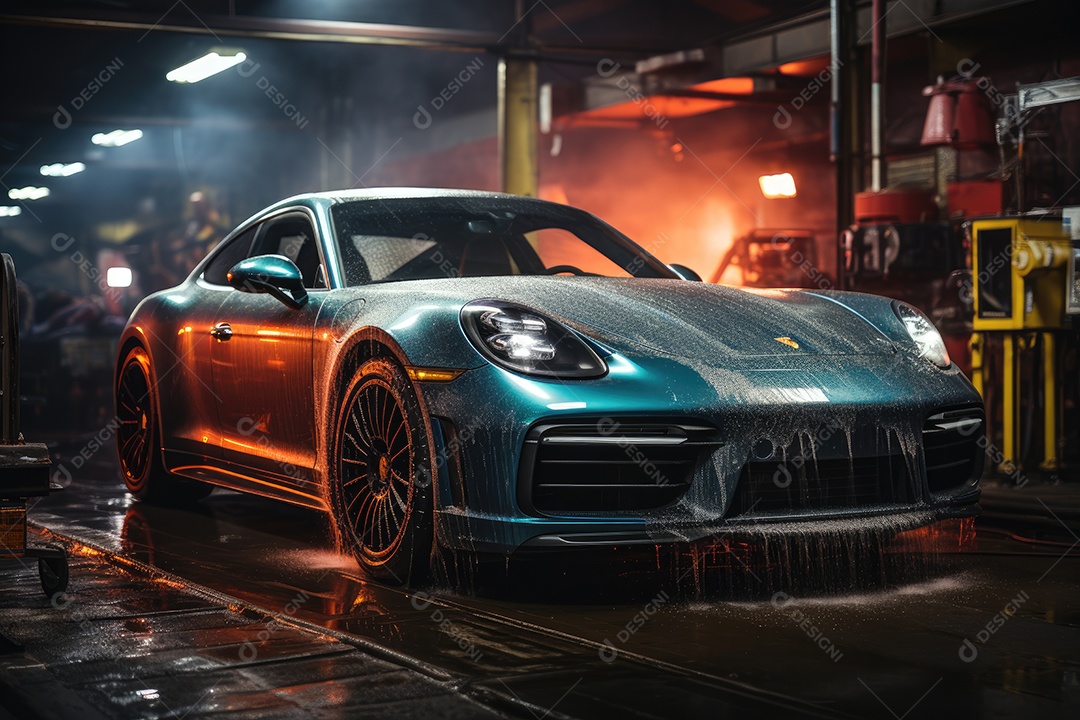 Porsche blindada azul dentro de um lava rádipo