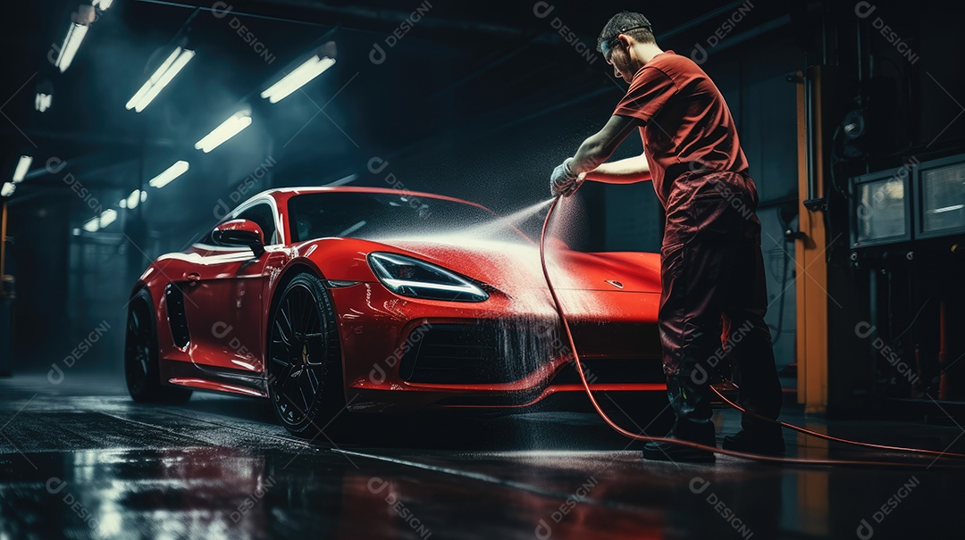 Homem lavando carro em lava jato