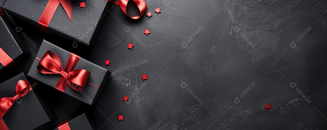 Caixas de presentes com fitas vermelhas sobre fundo preto