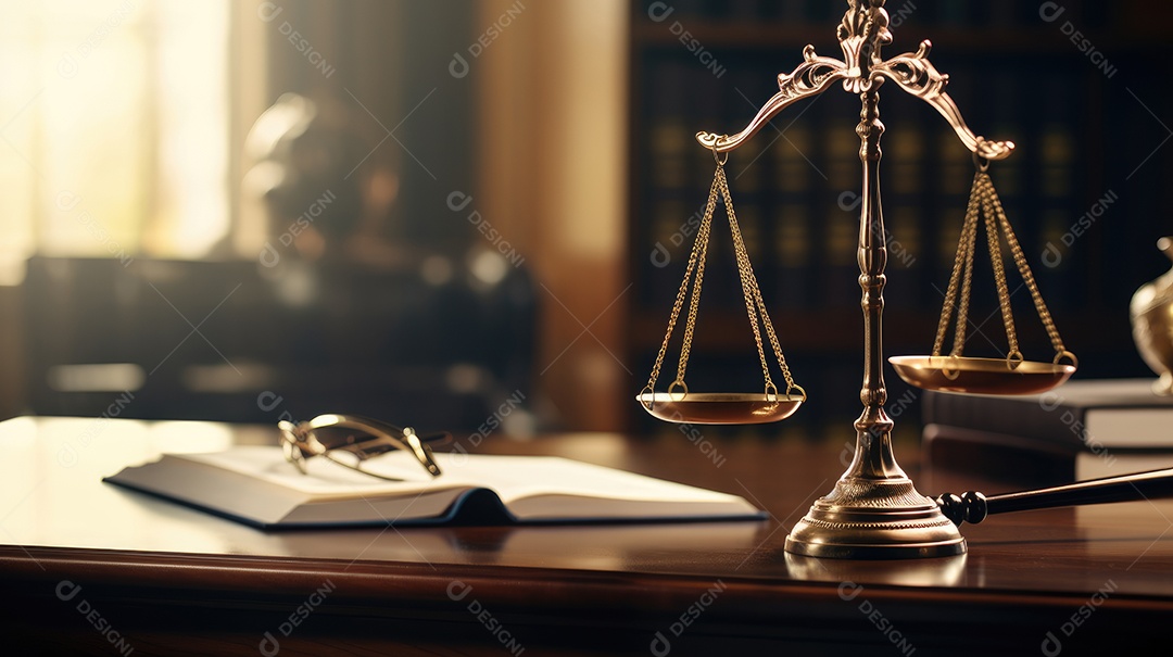 Mesa de madeira com livros balança de direito