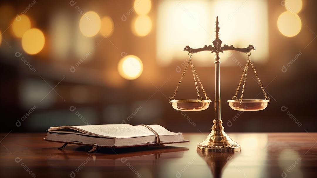 Mesa de um tribunal com martelo livros e balança do direito