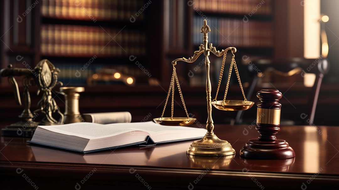 Mesa de um tribunal com martelo livros e balança do direito