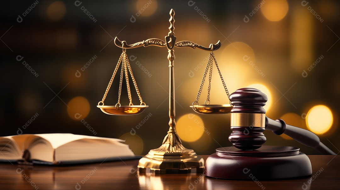 Mesa do tribunal com livros e martelo de juiz