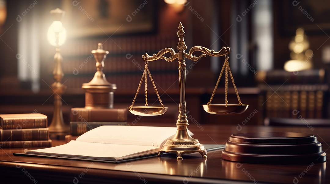 Mesa com livros balança do direito em mesa de tribunal