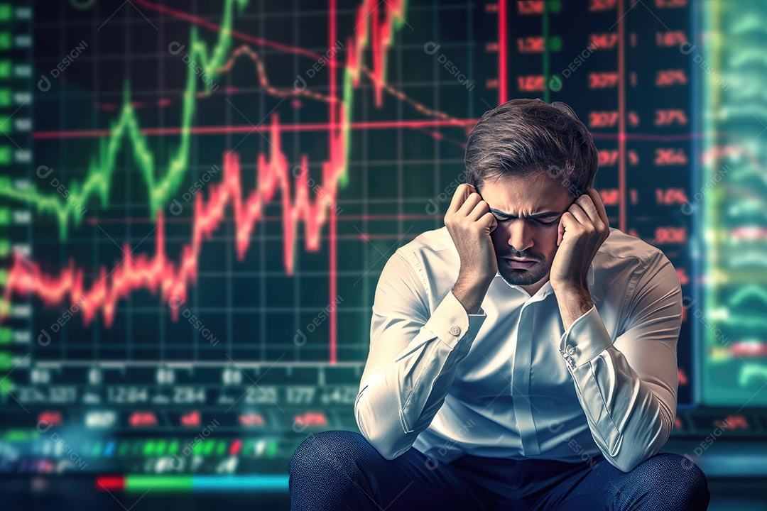 Homem empresário triste com gráfico ao fundo