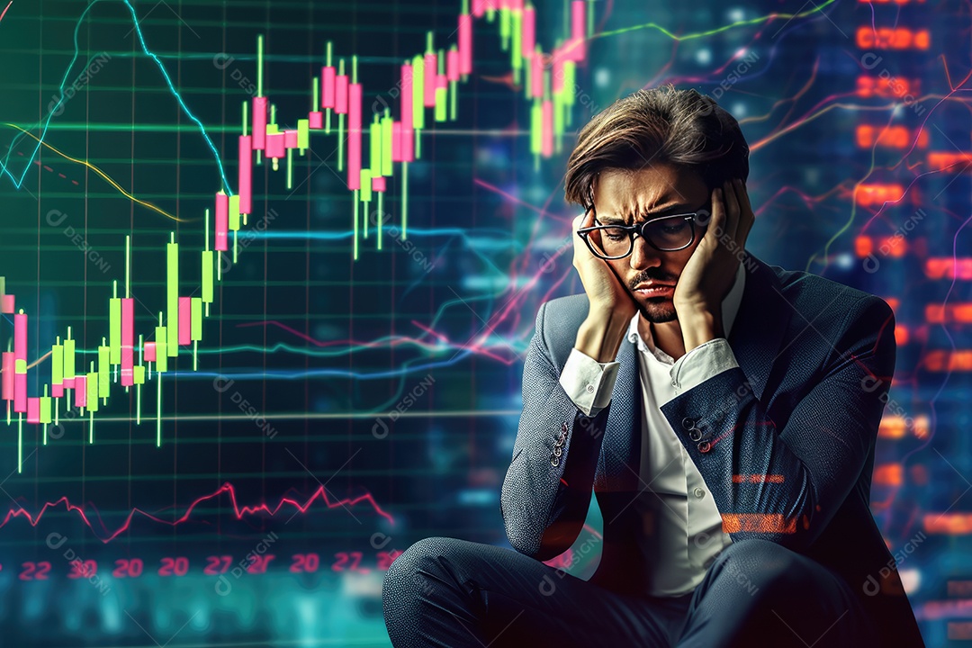 Homem triste com fundo de um gráfico