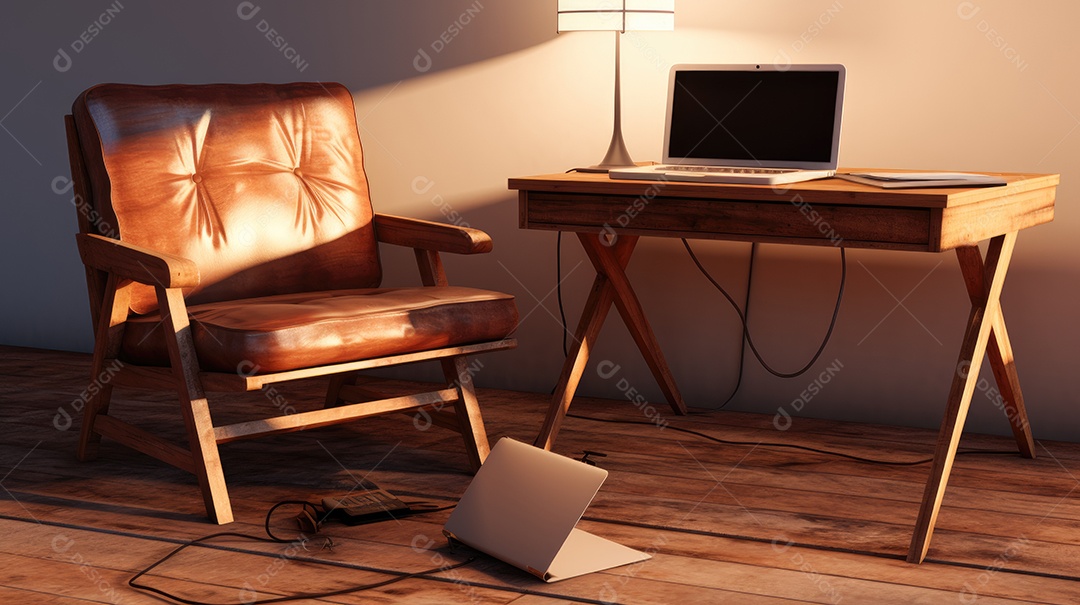 Mesa com laptop encima e poltrona mini escritório