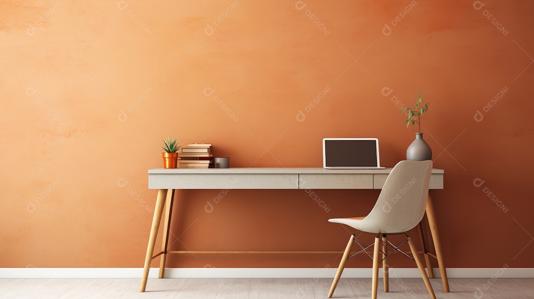 Uma linda mesa com laptop livros decoração pra um mini escritório