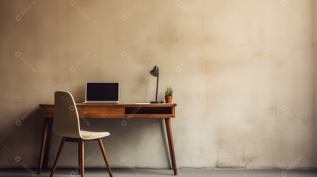 Sala com uma mesa e cadeiras abajur e laptop