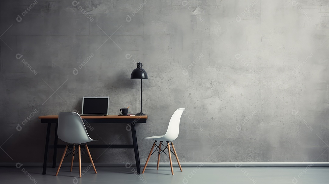 Sala com uma mesa e cadeiras abajur e laptop