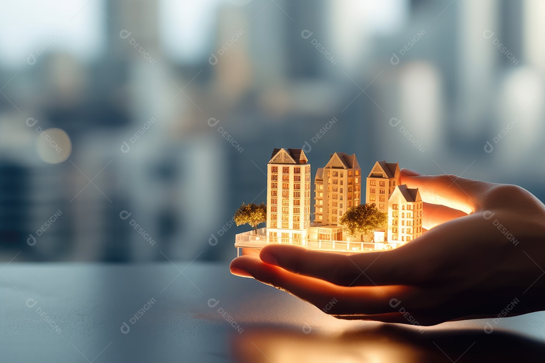 Mini cidade dourada m mãos humana