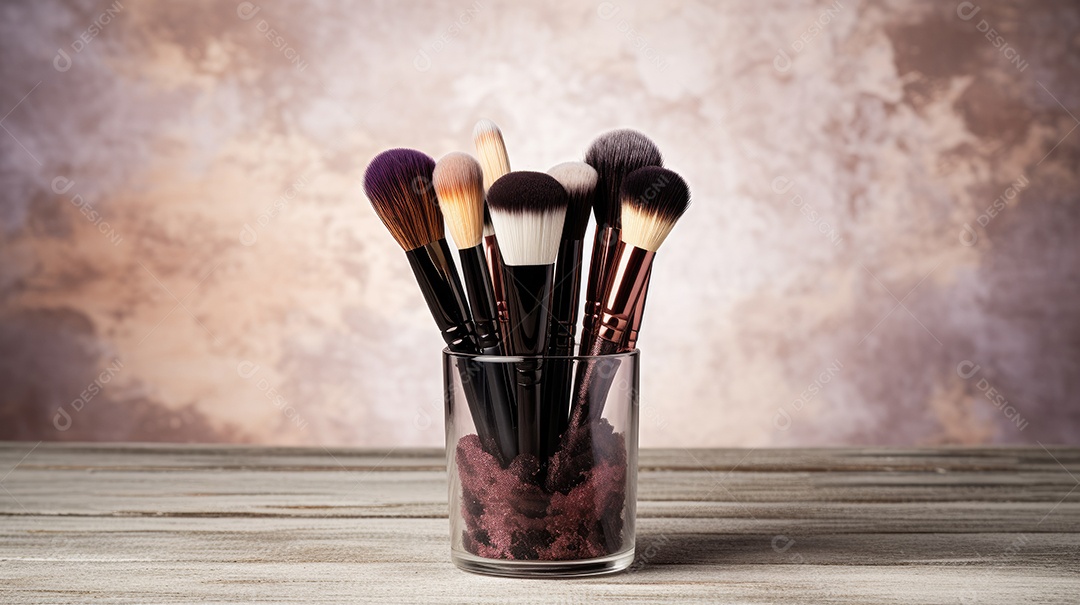 Pote de vidro com pincéis de maquiagem