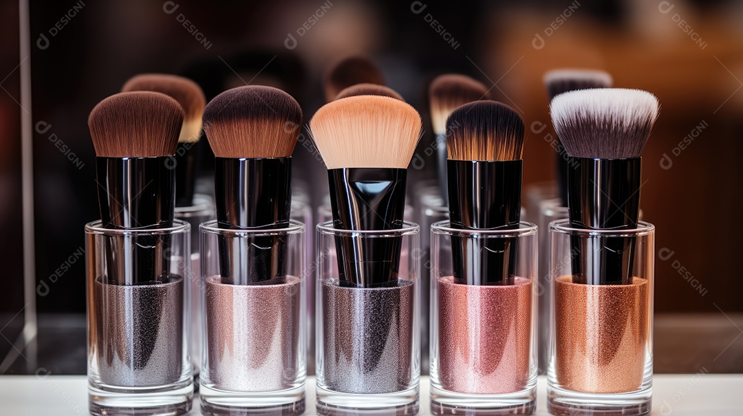 Potes de vidros com pincéis de maquiagem