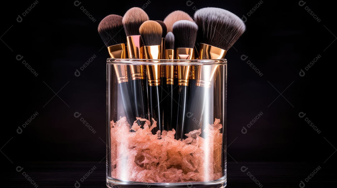 Pote de vidro com pincéis de maquiagem