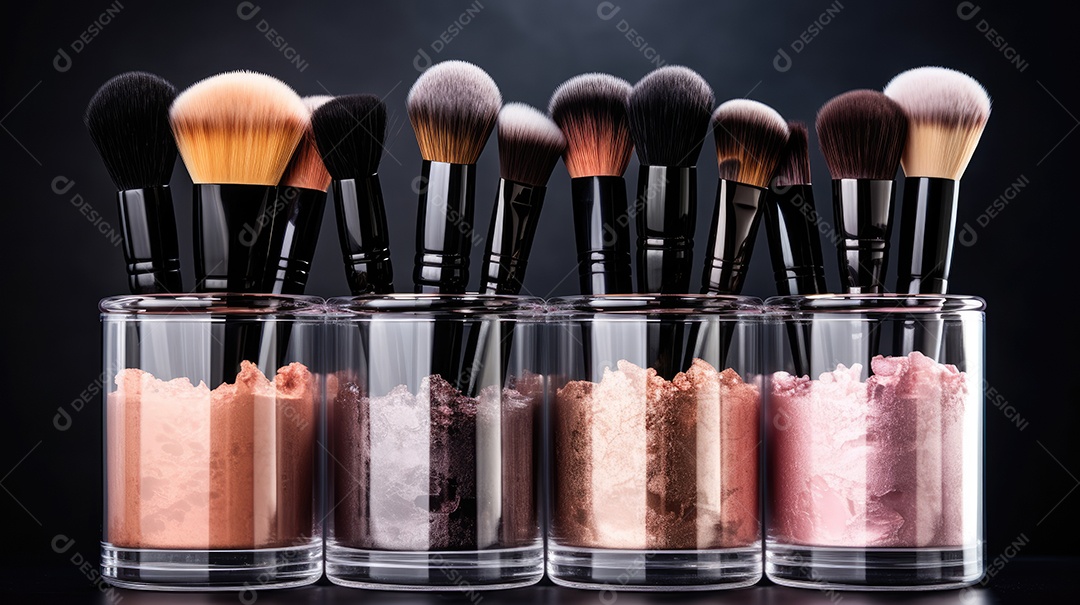 Pincéis de maquiagem dentro de pequeno potes de vidros