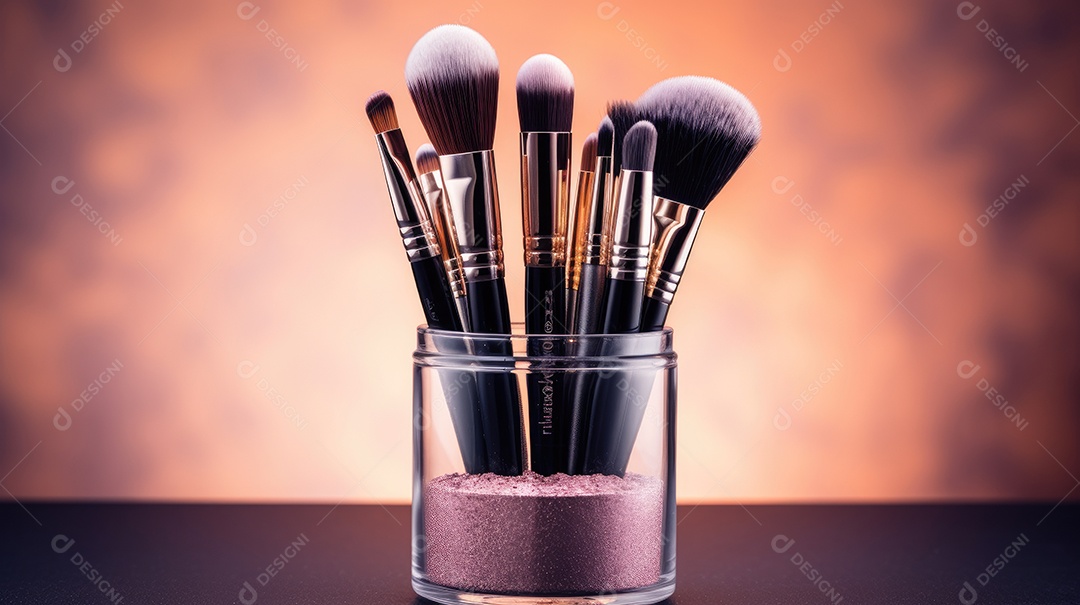 Pote com pincéis de maquiagem e glitters