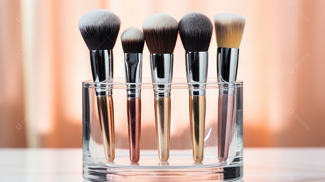 Pote com pincéis de maquiagem e glitters espalhados