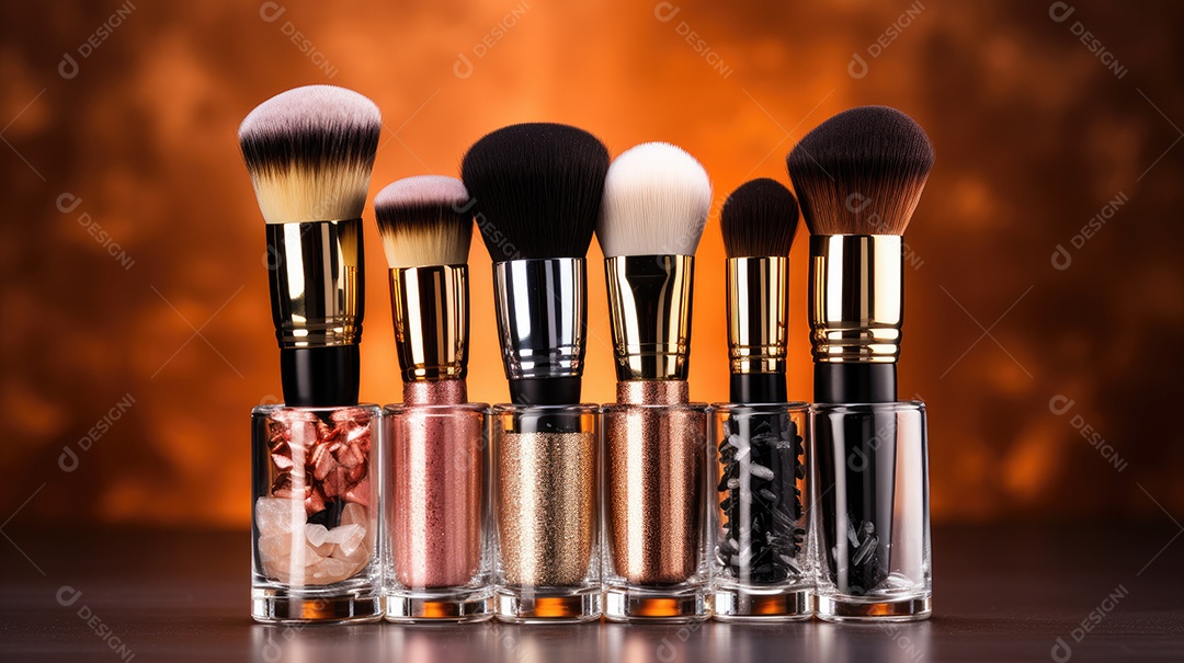 Pincéis de maquiagem dentro de pequeno potes de vidros