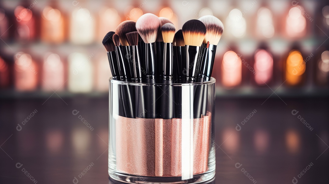 Pote com pincéis de maquiagem e glitters espalhados