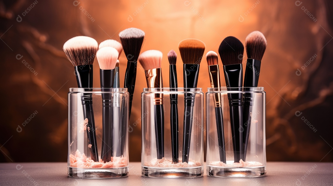 Pote com pincéis de maquiagem e glitters espalhados