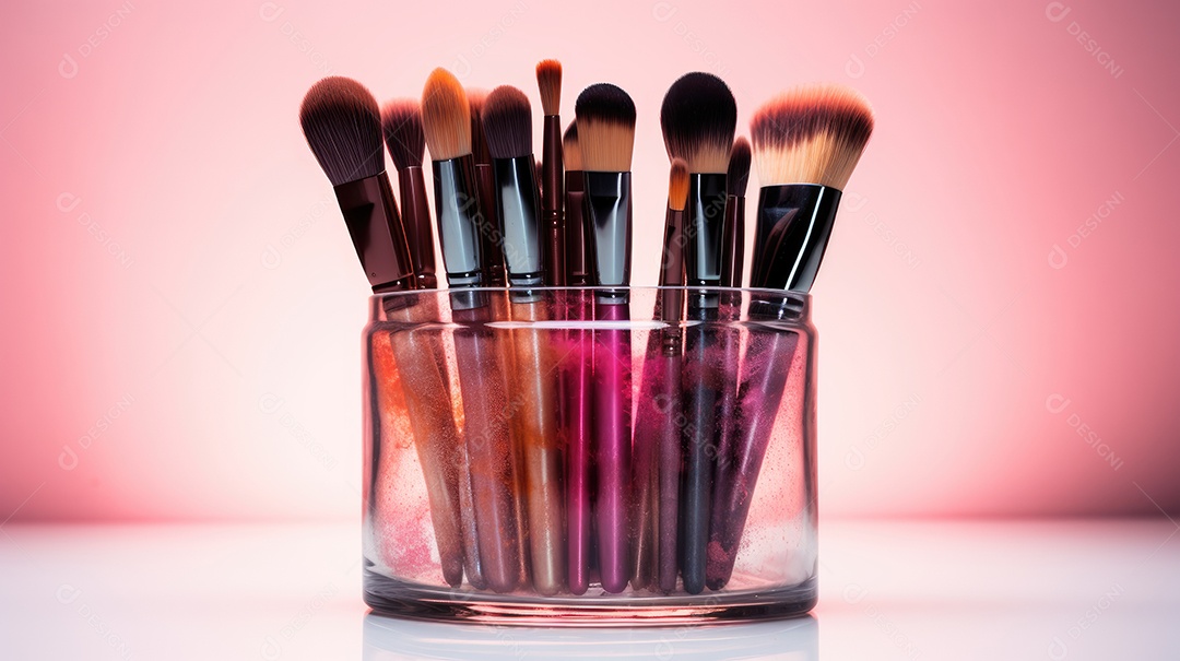 Pote com pincéis de maquiagem e glitters espalhados