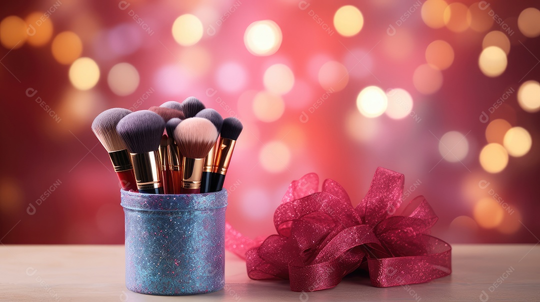 Pote com pincéis de maquiagem e glitters espalhados