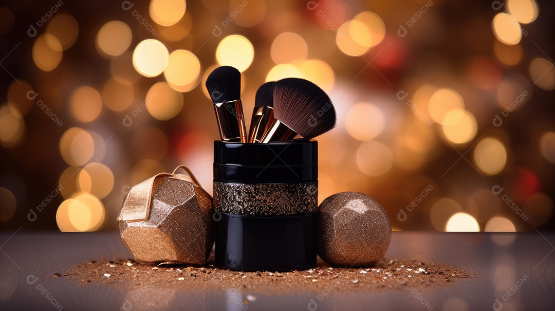 Pote com pincéis de maquiagem e glitters espalhados